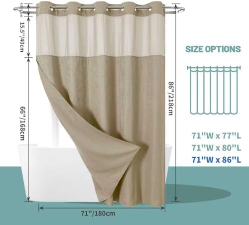 eachope No Hook Long Waffle Shower Curtain, Snap-in Liner, 71x86 in, Khaki