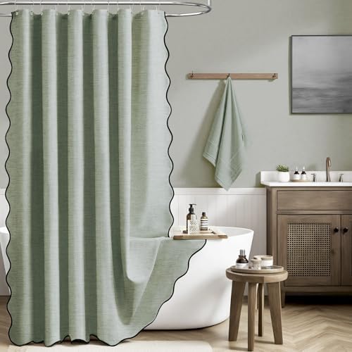 BTTN 72x90 Boho Scalloped Linen Textured Cloth Shower Curtain, Sage Green