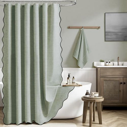 BTTN 72x90 Boho Scalloped Linen Textured Cloth Shower Curtain, Sage Green