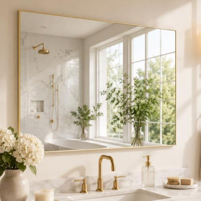 40"x30" Brushed Gold Framed Rectangle Bathroom Vanity Wall Mirror