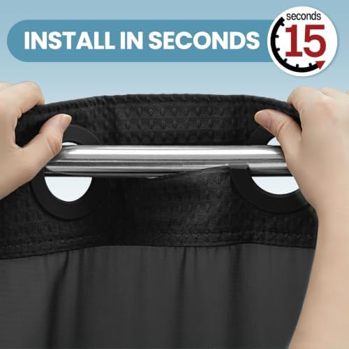 EUTXL 256GSM No Hook Waffle Weave Shower Curtain with Liner, 71x74, Black