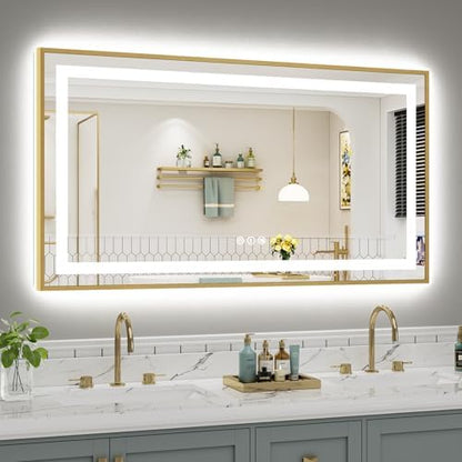 55x30 Inch LED Bathroom Mirror with Gold Frame, Backlit & Front Lit