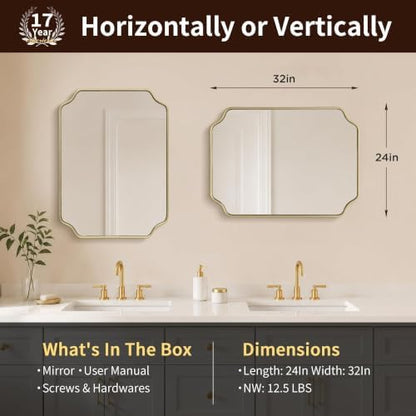 Besdomus Gold Modern Bathroom Mirror: 24"x32" Minimalist Vanity Wall Mirror