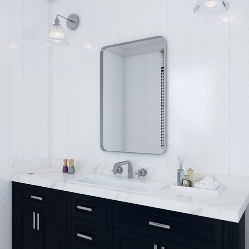 VocalStar 24 x 36 Inch Silver Bathroom Mirror for Wall, Rounded Rectangle Nickel Metal Framed Bathroom Vanity Mirrors, 1/4-inch Shatterproof Glass | Ultra-Flush Hanging