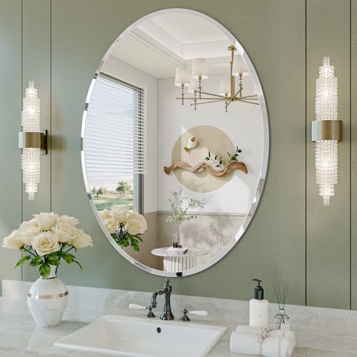 Frameless Oval Mirror, 24"x32" Oval Beveled Bathroom Mirrors