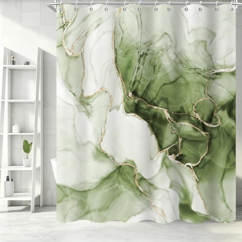 Green Marble Shower Curtain Modern Abstract Luxury Gold Ink Texture Gray Ombre Watercolor Bathroom Curtain Set with Hooks Soft and Lightweight Waterproof Fabric Machine Washable 48" Wx72 L