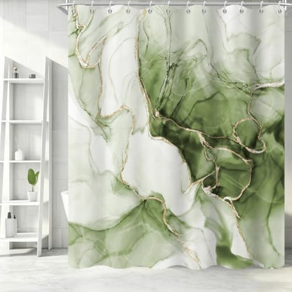 Green Marble Shower Curtain Modern Abstract Luxury Gold Ink Texture Gray Ombre Watercolor Bathroom Curtain Set with Hooks Soft and Lightweight Waterproof Fabric Machine Washable 48" Wx72 L
