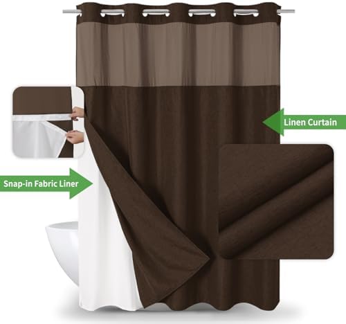 eachope No Hook Linen Texture Shower Curtain with Snap-in Liner,71x80 Brown