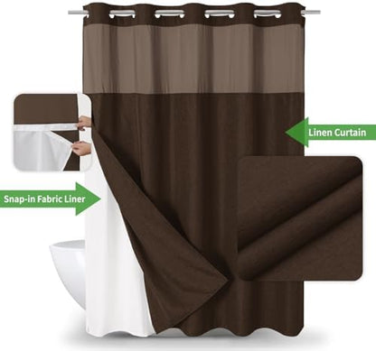 eachope No Hook Linen Texture Shower Curtain with Snap-in Liner,71x80 Brown