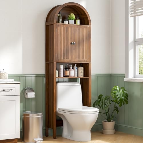 Arched Over The Toilet Storage Cabinet with Fluted Doors, Bathroom Shelf