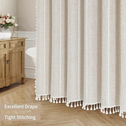 MitoVilla Boho Tassel Linen Shower Curtain,3D Embroidery Stripe Cream,72x84