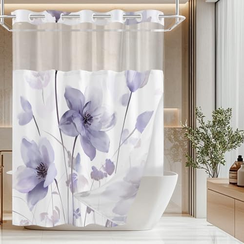 No Hook Shower Curtain and Liner Set, Purple Boho Floral 71x84