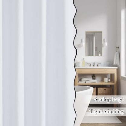 KGORGE White Scalloped Bathroom Shower Curtain Linen Textured, Boho Farmhouse Home Decor Privacy Waterproof for Bathtub Machine Washable, Pure White, 72 x 72 inches Long, 12 Hooks Included