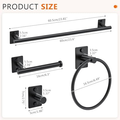5 Pieces Bathroom Hardware Accessories Set Matte Black Towel Bar Set Stainless Steel Wall-Mounted 23.6 Inch Towel Holder
