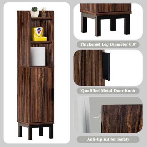 FerniTry Small Bathroom Storage Cabinet, Corner Floor Cabinet with Door and Shelves, Narrow Toilet Paper Cabinet, Bathroom Organizer with Adjustable Shelf, for Small Spaces (Walnut)