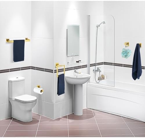 5 Pieces Bathroom Hardware Accessories Set Brushed Gold, 16Inch Bathroom Towel Rack Set SUS304 Stainless Steel, Square Bath Towel bar Set Heavy Duty, Wall Mounted