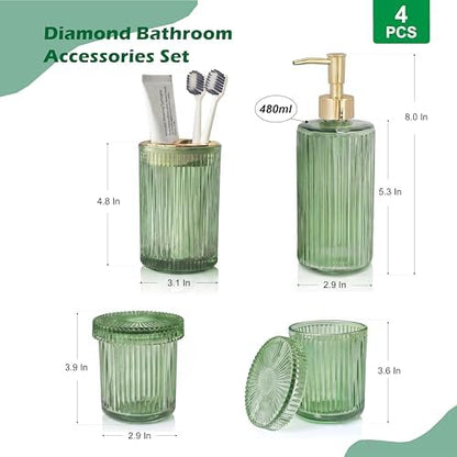 Green Bathroom Accessories Set 4 Pcs, Glass Bathroom Set