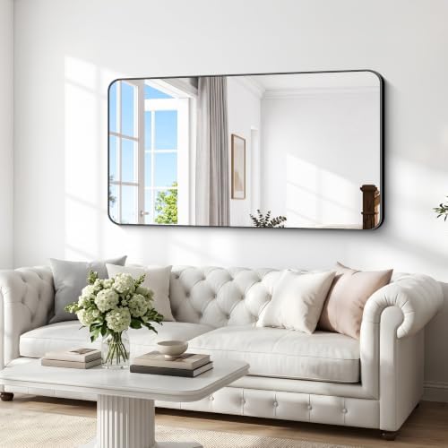 BONEWEI 66x36 inch Large Bathroom Mirror,Black Rectangle Mirror,Wall Mounted Bathroom Frame Vanity Mirror with Round Corner for Bedroom Living Room, Entryway Hangs Horizontal or Vertical