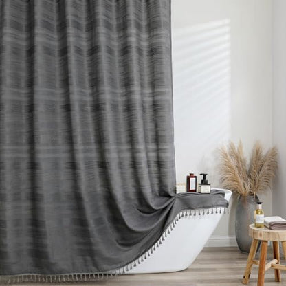 OVZME Extra Long Charcoal Grey Shower Curtain 96 Inch Long, Boho Chic Textured Soft Fabric Heavy Duty Cloth Bathroom Shower Curtain with Tassel, Tall Farmhouse Luxury Bath Decor, 72Wx96L Inches
