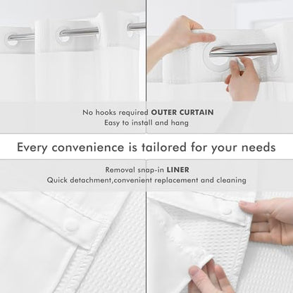 Mrs Awesome No Hook Extra Long Shower Curtain with Snap Liner 71x86, White