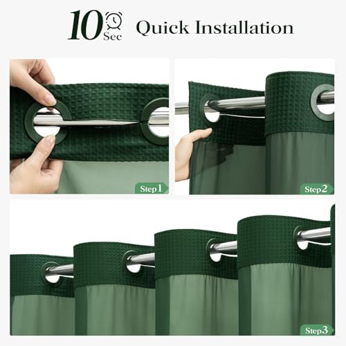 Dynamene Dark Green Hook Free Waffle Shower Curtain & Snap-in Liner,72x75