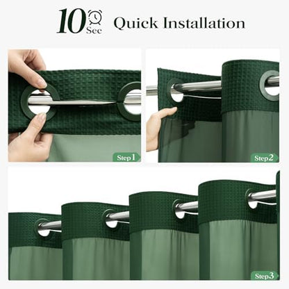Dynamene Dark Green Hook Free Waffle Shower Curtain & Snap-in Liner,72x75
