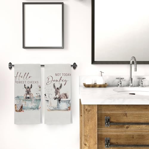 Funny Donkey Hand Towels, Hello Sweet Cheeks Bathroom Decor, Donkey Gifts Decorative Hand Towels for Washroom Restroom, Farmhouse Hand Tea Towels for Bathroom, 16x24 Inch Set of 2