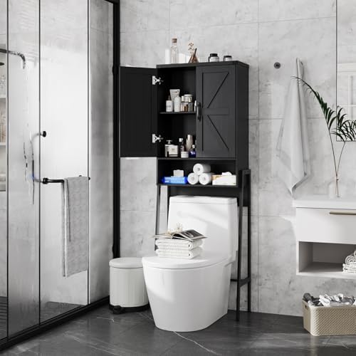 Vabches Over The Toilet Storage Cabinet with 2-Door Design Bathroom Organizers and Storage with Anti-Tip Device Over Toilet Organizer with Shelves for Bathroom,Restroom,Laundry Black