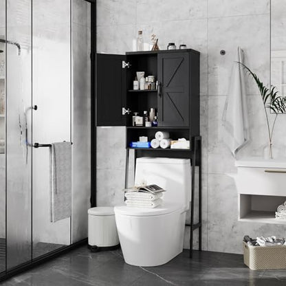 Vabches Over The Toilet Storage Cabinet with 2-Door Design Bathroom Organizers and Storage with Anti-Tip Device Over Toilet Organizer with Shelves for Bathroom,Restroom,Laundry Black