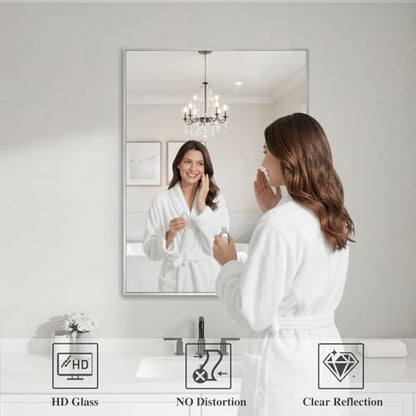 Koonmi Silver Rectangle Wall Mirror, 24x32 Inch Bathroom Mirror, Aluminum Frame Vanity Mirror for Entryway, Living Room, Bedroom Bathroom, Hangs Horizontally or Vertically
