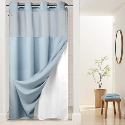 River Dream Heavyweight Waffle No Hook Shower Curtain with Liner,Blue,54x80