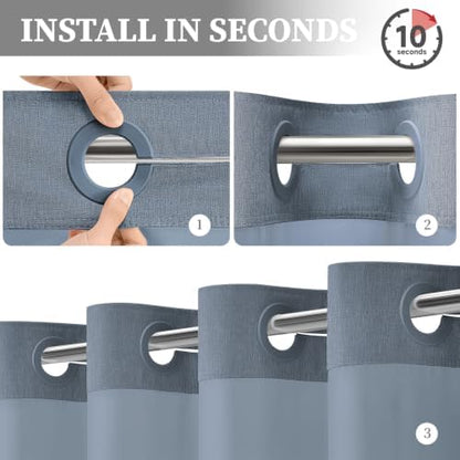 BTTN Blue Ringless Linen Textured Shower Curtain with Snap in Liner, 72x75