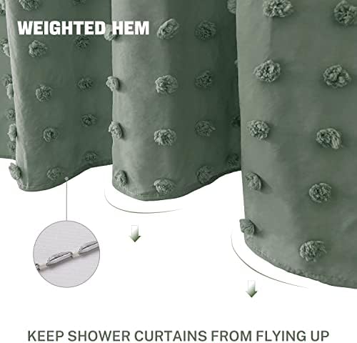 Siiluminisoy Small Stall Green Boho Shower Curtain Woven Fabric Cute Shower Curtain, 36 x 72 Tufted Pleat Floral Textured Modern Farmhouse Minimalist Shower Curtain Set with Hooks for Bathroom