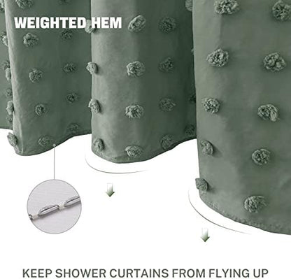 Siiluminisoy Small Stall Green Boho Shower Curtain Woven Fabric Cute Shower Curtain, 36 x 72 Tufted Pleat Floral Textured Modern Farmhouse Minimalist Shower Curtain Set with Hooks for Bathroom