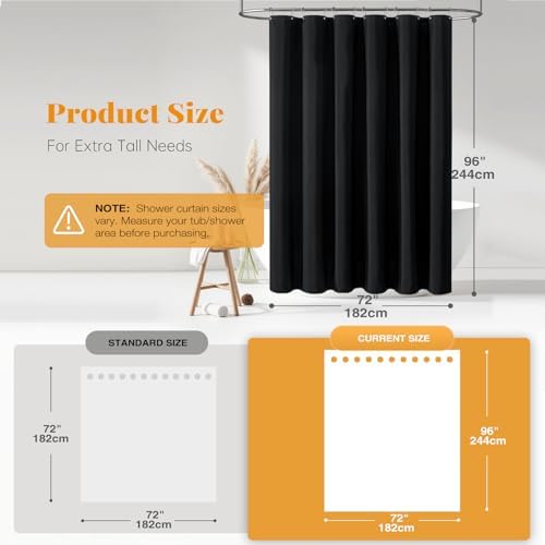 BTTN Extra Long Linen Textured Waterproof Shower Curtain Set, 72x96, Black