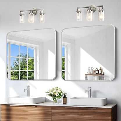 Silver Bathroom Mirror, 36 x 36 Inch Square Mirrors for Wall, Aluminum Metal Framed Vanity Mirror, Rounded Corner Wall Mounted Mirror for Over Sinks Living Room Bedroom Entryway