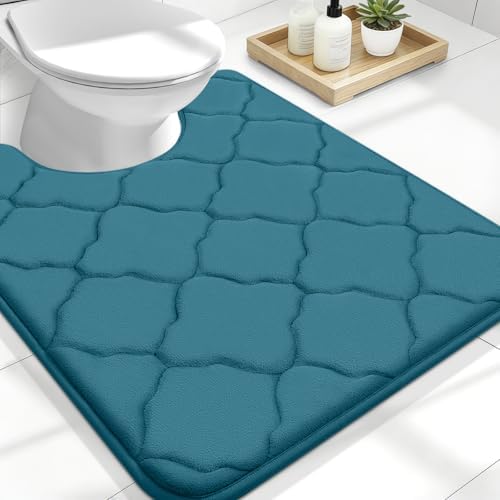 OLANLY Memory Foam Toilet Rugs U-Shaped 24x20, Soft Bath Mat, Peacock Blue
