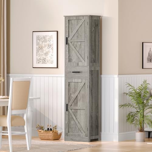 TEENFON Tall Bathroom Cabinet, Storage Cabinet with 6 Shelves & Drawer