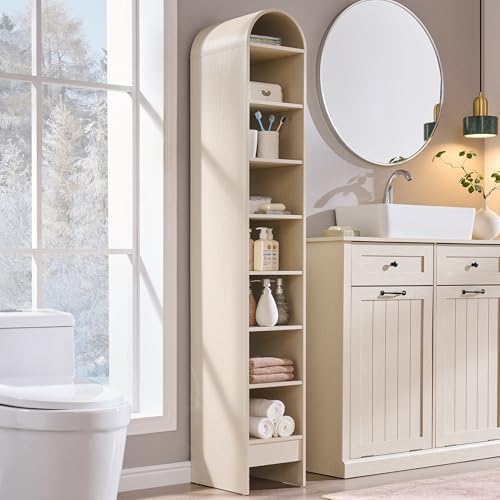IFBUY 67" Tall Arched Bathroom Storage Cabinet, 8-Tier Modern Farmhouse Storage Cabinet with Adjustable Shelves, Wood Freestanding Cabinet for Bathroom, Living Room, Entryway, Hallway (Cream)