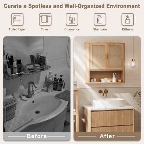 INNOD Rattan Bathroom Wall Cabinet with Open Compartments, Wall-Mounted Medicine Cabinet with Adjustable Wood Shelf & Doors, Over the Toilet Storage Cabinet for Laundry Room & Kitchen & Living Room