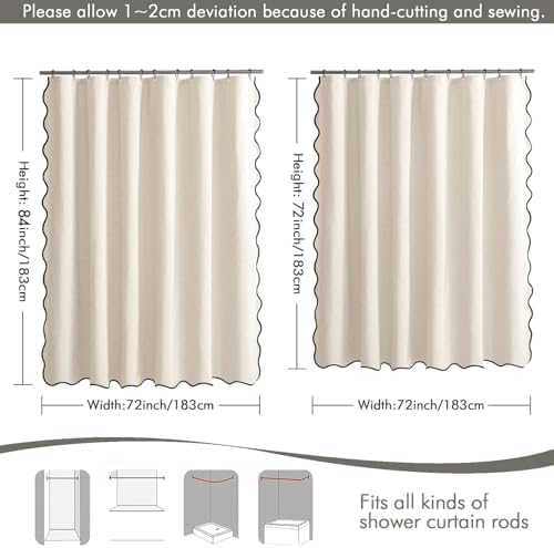 MIULEE 72"x84" Extra Long Scalloped Linen Shower Curtain Light Cream