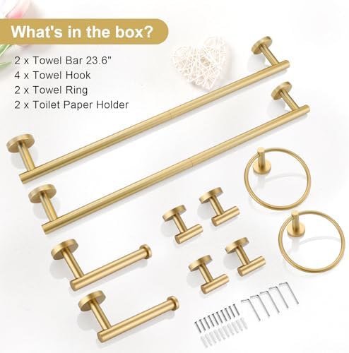 TQKAG Brushed Gold Bathroom Hardware Accessories Set 10-Pieces, Premium SUS304 Stainless Steel Bathroom Towel Bar Holder Set 23.6 Inch Round Towel Racks for Bathroom Wall Mounted