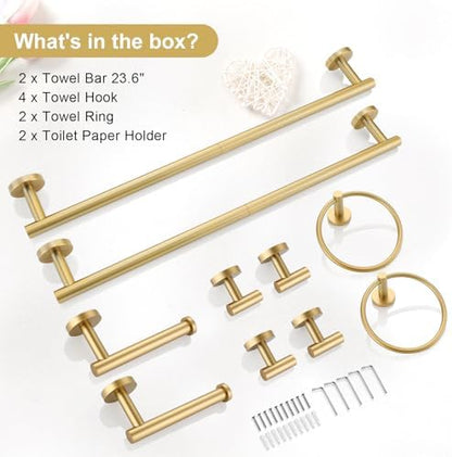 TQKAG Brushed Gold Bathroom Hardware Accessories Set 10-Pieces, Premium SUS304 Stainless Steel Bathroom Towel Bar Holder Set 23.6 Inch Round Towel Racks for Bathroom Wall Mounted