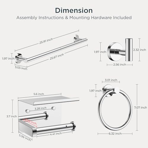 FORIOUS Bathroom Accessories, 5-Piece Bathroom Hardware Set - 24" Towel Bar