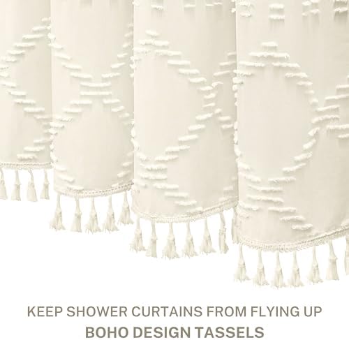 Siiluminisoy Extra Long Cream Boho Shower Curtain, 72 x 78 Tufted Chevron Textured Striped Modern Farmhouse Minimalist Woven Fabric for Bathroom