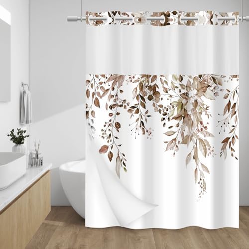 WITHLOC No Hook Floral Shower Curtain with Liner, Eucalyptus Taupe, 71x74