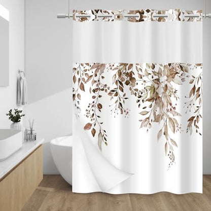 WITHLOC No Hook Floral Shower Curtain with Liner, Eucalyptus Taupe, 71x74