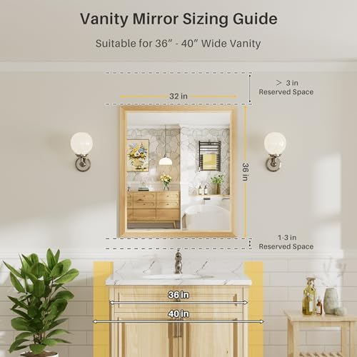 36x32 Inch Bathroom Mirror for Wall, Anti-Rust Oak Wood Grain Metal Framed Bathroom Mirrors for Over Sink,Rectangler Mirrors for Bathroom Vanity, Farmhouse, Bedroom, Living Room, Entryway Decor