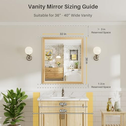 36x32 Inch Bathroom Mirror for Wall, Anti-Rust Oak Wood Grain Metal Framed Bathroom Mirrors for Over Sink,Rectangler Mirrors for Bathroom Vanity, Farmhouse, Bedroom, Living Room, Entryway Decor