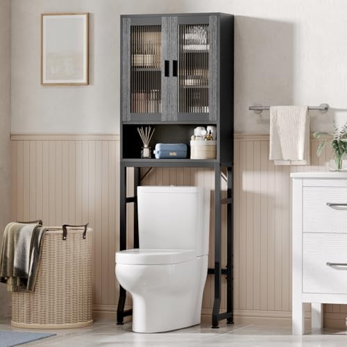 USHOWER Black Over The Toilet Storage Cabinet with Glass Doors